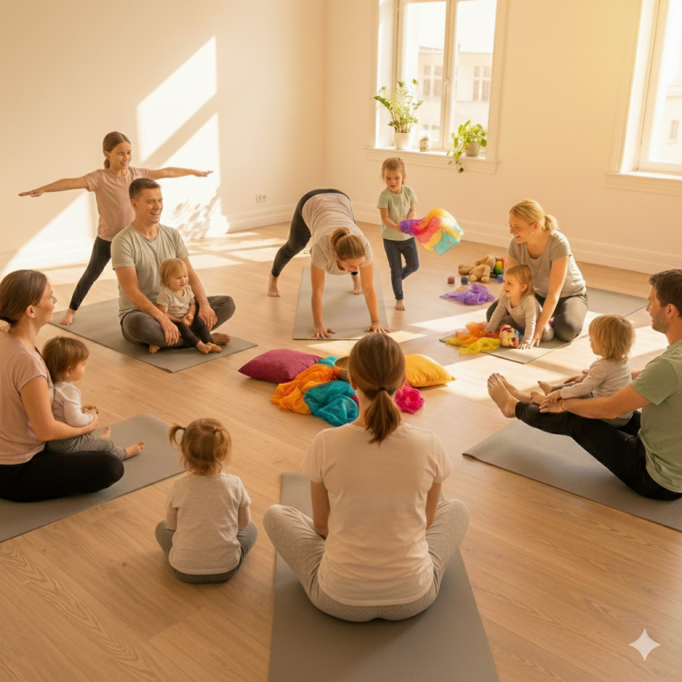 Familienyoga Kurs in Dortmund in einer Kita für Kinder zwischen 2 und 6 Jahren.